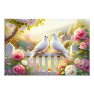 Impression Photo Jardin de cottage aux colombes blanches