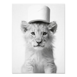 Impression Photo Jeune lion drôle portant un chapeau en papier toil