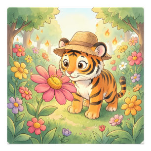 Impression Photo Jeune tigre mignon avec chapeau dans le jardin