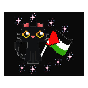 Impression Photo joli chat noir tenant le drapeau de la Palestine