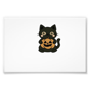 Impression Photo Joli Chat Noir Tenant une Citrouille Jack O Lanter