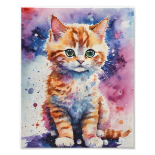 Impression Photo Joli petit chaton roux à l'aquarelle