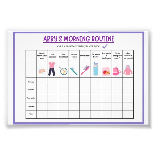 Impression Photo Kids Morning Routine Checklist with Cute Icons (Devant)