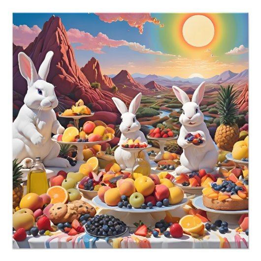 Impression Photo Lapins blancs avec paysage de fruits (Devant)