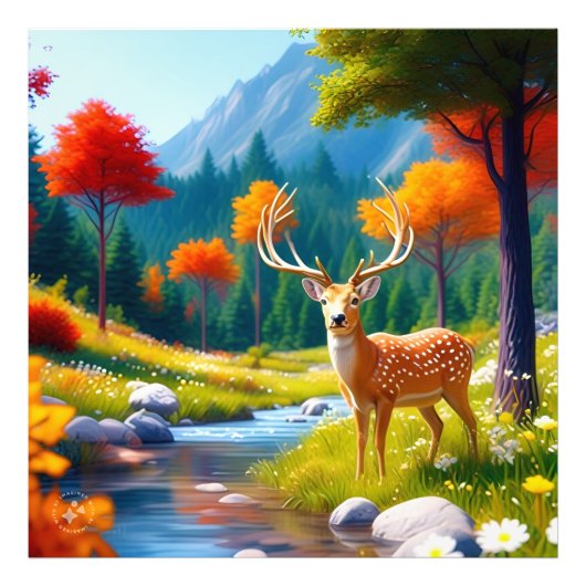 Impression Photo Le Cerf d'Or debout dans la forêt (Devant)