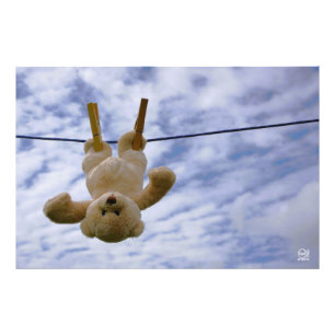 Impression Photo Ligne de lavage avec un ours en peluche suspendu.