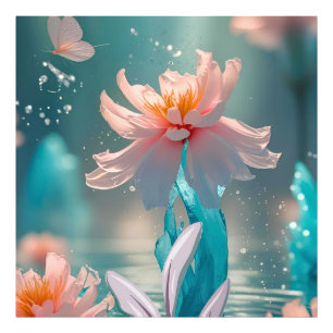 Impression Photo Lotus rose rêveur et papillon dans l'eau aqua