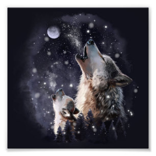 Impression Photo Loup et chiot hurlant sur la lune