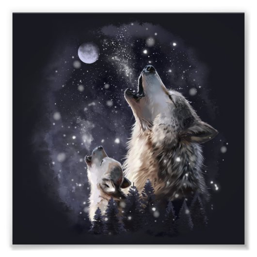 Impression Photo Loup et chiot hurlant sur la lune (Devant)