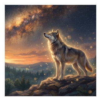 Impression Photo Loup solitaire sous le ciel étoilé de la Voie lact