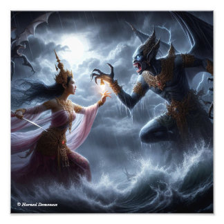 Impression Photo Lovely girl figthing a monster