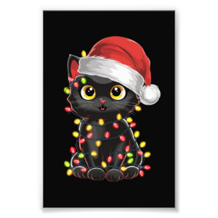 Impression Photo Lumières de sapin de Noël chat noir drôle Santa ch