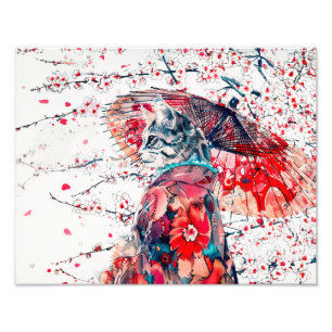 Impression Photo Magnifique chat geisha parmi les fleurs de cerisie