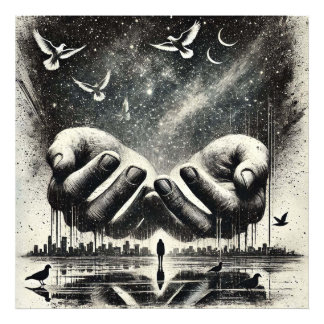 Impression Photo Mains relâchant les oiseaux dans le ciel, noir bla