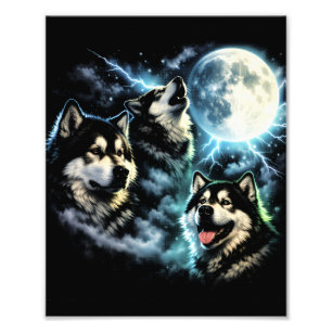 Impression Photo Malamute d'Alaska hurlant à la Lune Chien Arctique