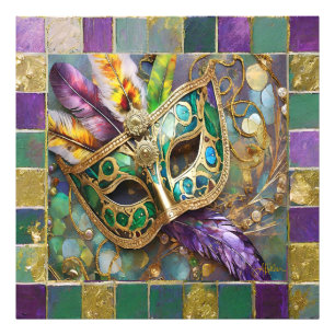 Impression Photo Masque de plumes colorées vert et or de Mardi Gras