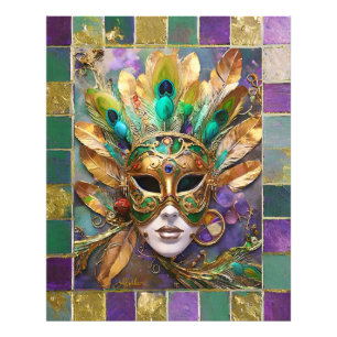 Impression Photo Masque de plumes de paon vert et or de Mardi Gras