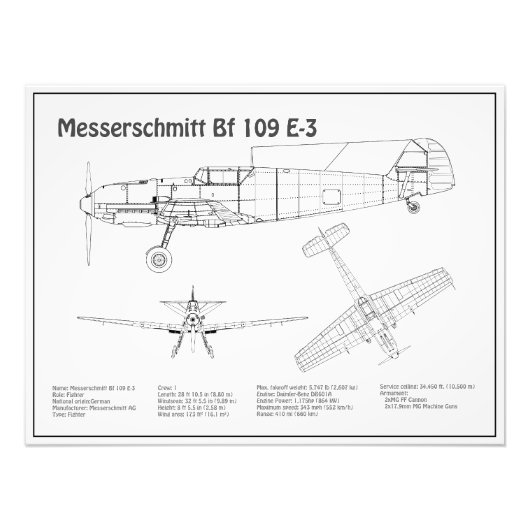Impression Photo Messerschmitt Bf 109 - Plan d'avion BD (Devant)