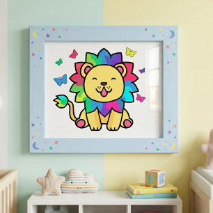 Impression Photo Mignon lion Kawaii souriant avec papillons de dess