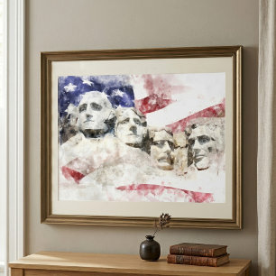 Impression Photo Mont Rushmore Aquarelle avec drapeau américain