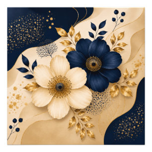 Impression Photo Motif floral botanique bleu marine et or