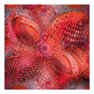 Impression Photo Motif Paisley Symétrique Rouge Orné