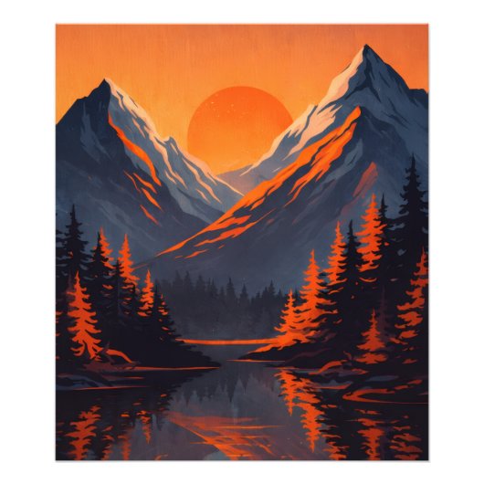 Impression Photo Mountain Sunset Reflection Fiery Orange Sky (Devant)