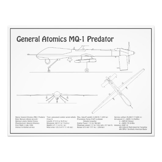 Impression Photo MQ-1 Predator UAV- Plan d'avion BD (Devant)