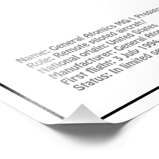 Impression Photo MQ-1 Predator UAV- Plan d'avion BD (Coin)