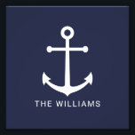 Impression Photo Nautical White Anchor and Custom Nom on Navy Blue<br><div class="desc">Papier photo minimaliste moderne avec ancre blanche avec nom personnalisé en blanc moderne sans serif style de police sur arrière - plan bleu marine. Parfait comme décor de maison de plage,  cadeau de ménage et plus encore.</div>