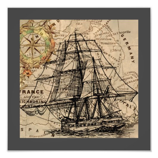 Impression Photo Navire Ancien et Carte (Devant)