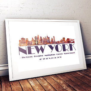 Impression Photo New York City Skyline. Boroughs et coordonnées