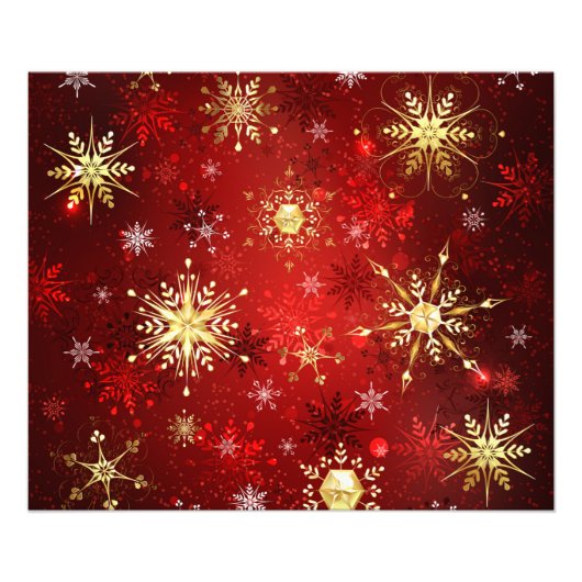 Impression Photo Noël Golden Snowflakes sur Arrière - plan rouge (Devant)