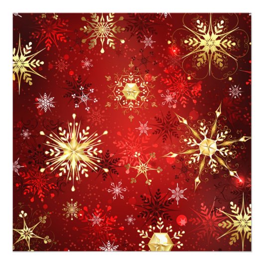 Impression Photo Noël Golden Snowflakes sur Arrière - plan rouge (Devant)