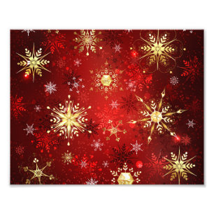 Impression Photo Noël Golden Snowflakes sur Arrière - plan rouge