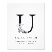 IMPRESSION PHOTO NOM D'ALPHABET FLORAL BLEU NOIR U BÉBÉ STATISTIQUE (Devant)