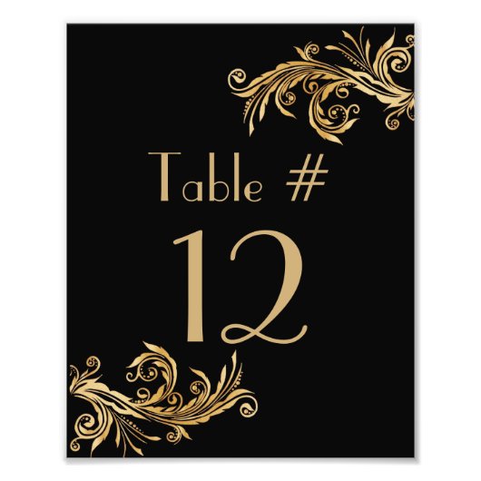 Impression Photo Numéro de table de mariage chic noir et or (Devant)