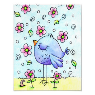 Impression Photo Oiseau Et Fleurs Bleus Whimsical