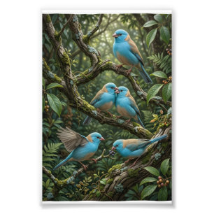 Impression Photo Oiseaux bleus sur des arbres de forêt luxuriante,