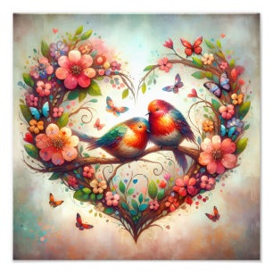 Impression Photo Oiseaux de l'amour romantique dessin à l'aquarelle