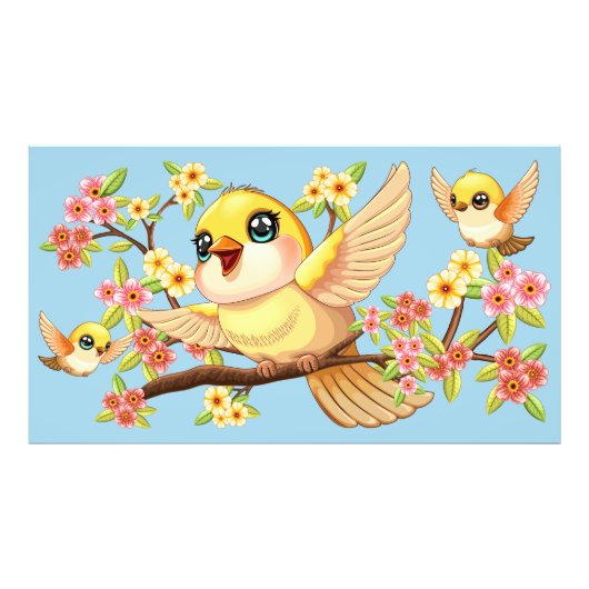 Impression Photo Oiseaux mignons et heureux parmi les fleurs du pri (Devant)