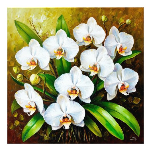 Impression Photo Orchidées blanches aux feuilles vertes (Devant)