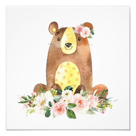 Impression Photo Ours, Animaux Boisés, Boho, Fleurs Roses (Devant)