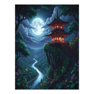Impression Photo Pagode japonaise éclairée par la lune sur une fala