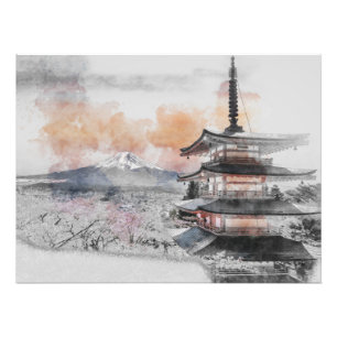 Impression Photo Pagode japonaise & Mont Fuji à l'aquarelle 