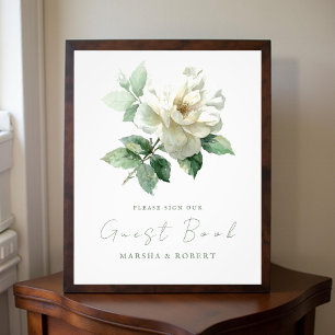 Impression Photo Panneau de livre d'or de mariage Rose blanche aqua