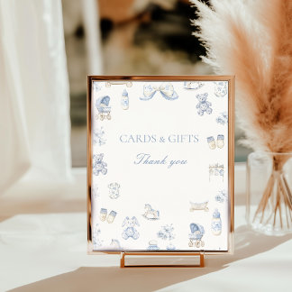 Impression Photo Panneau de table Toile De Jouy Baby Shower Bleu à