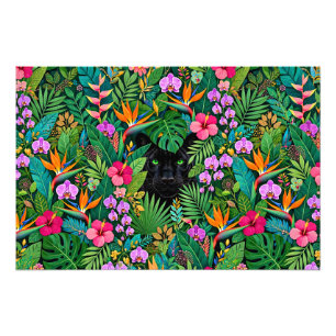Impression Photo Panthère noire Fleurs de jungle et feuillage tropi