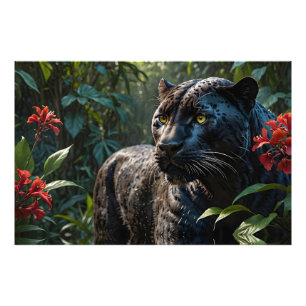 Impression Photo Panthère noire - Jaguar dans la Jungle Fleurs roug