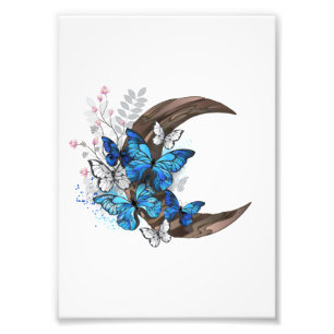 Impression Photo Papillons bleus sur croissant en bois